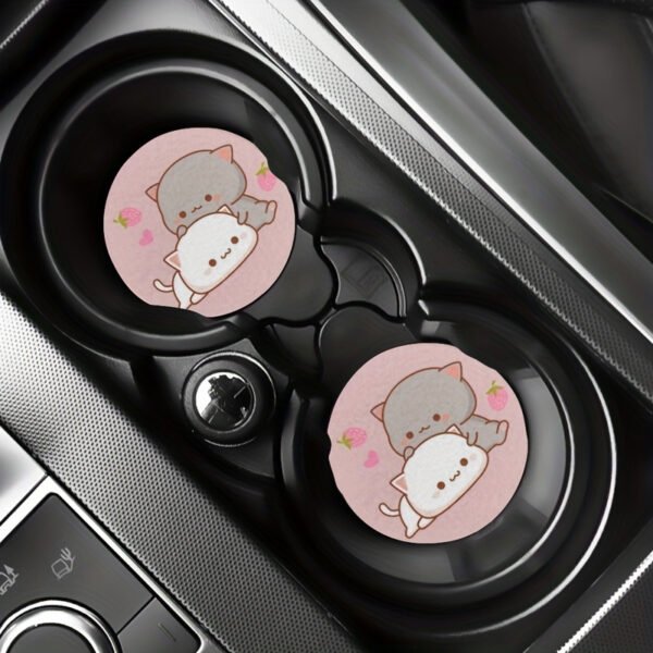 2pcs Strawberry Cartoon Cat Coasters For Car Cup
