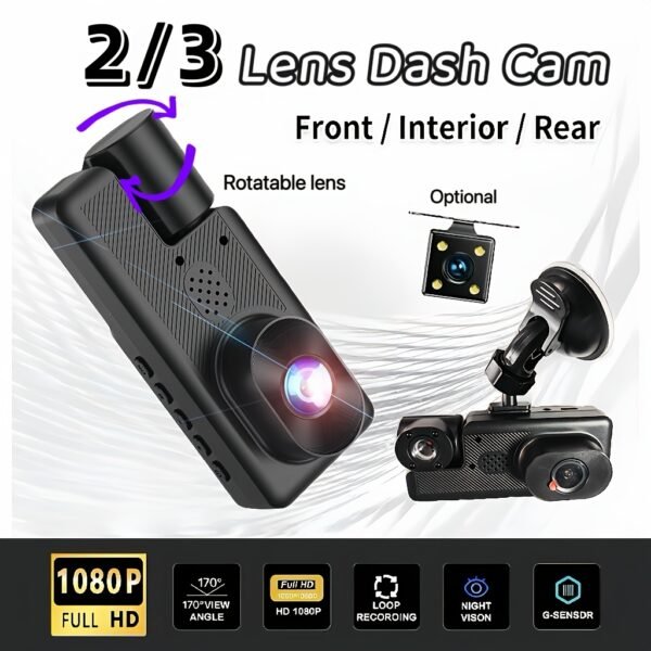 Mini Triple Lens Dash Cam Compact Design