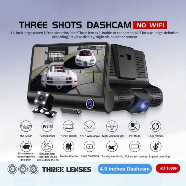 4" Touch Screen Triple Lens Dash Cam (Front + Interior + Rear)