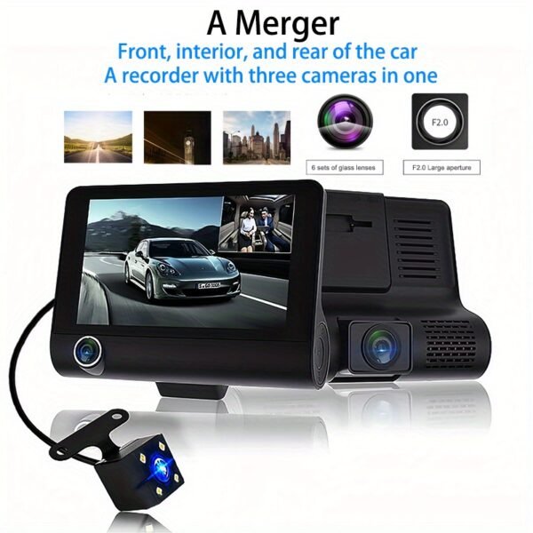 4" Touch Screen Triple Lens Dash Cam (Front + Interior + Rear)